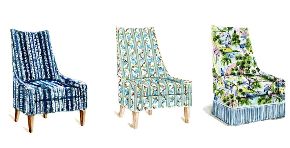 Illustration of three accent chairs with upholstery and details selected by Elaine Griffin